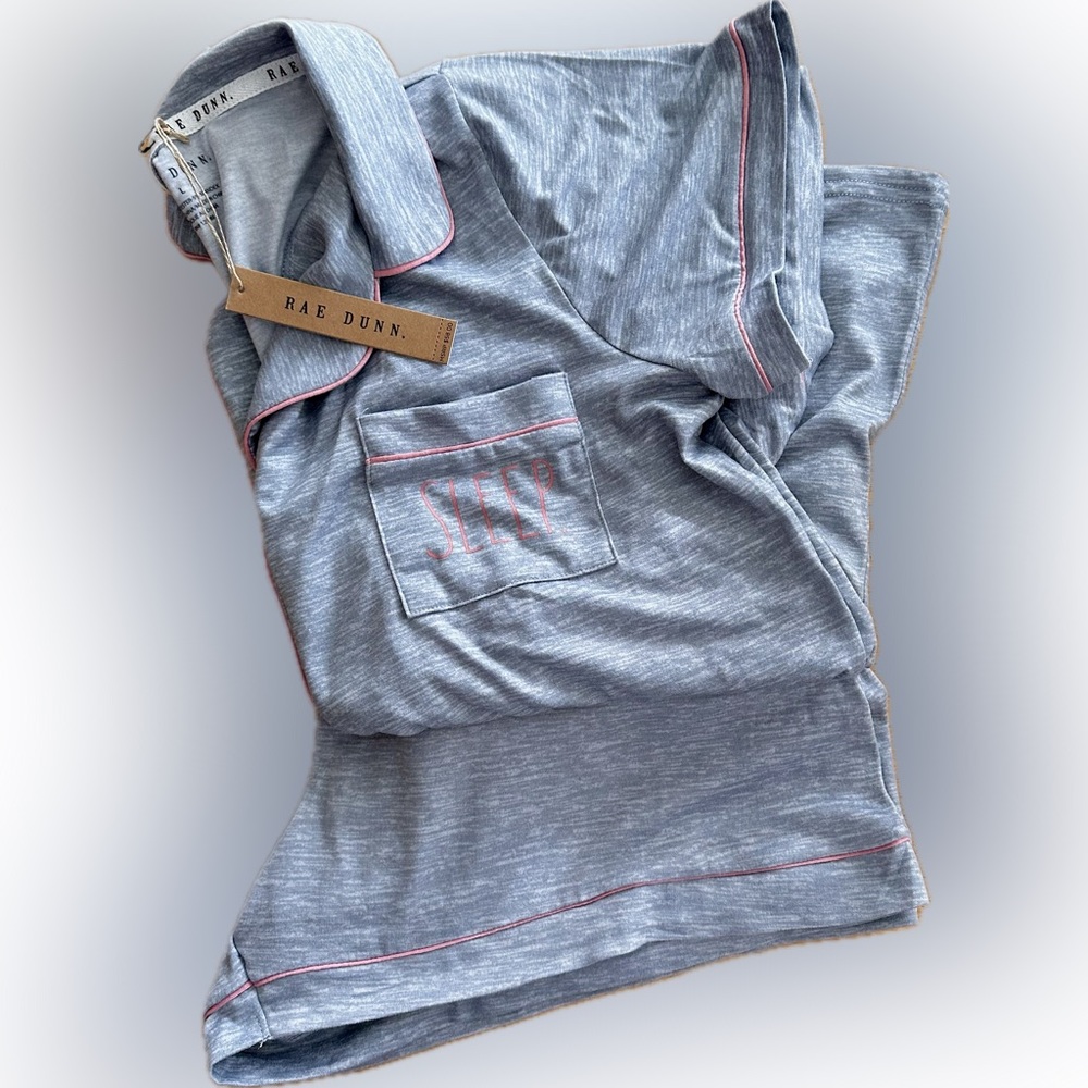 Rae Dunn Gray & Pink SLEEP PajamasPJs Button Up Shirt & Shorts Set Size L NEW!